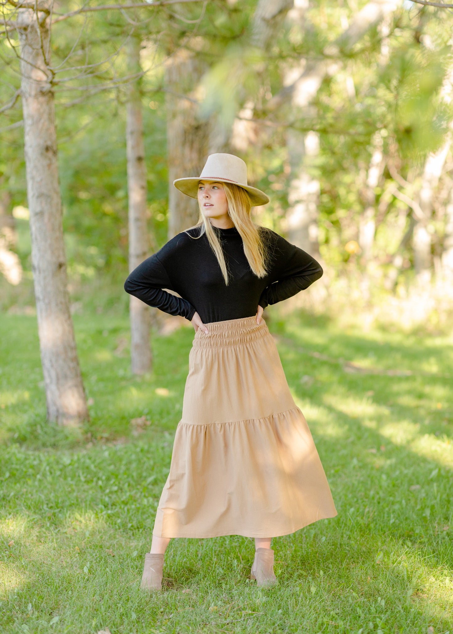 Smocked Waist Camel Maxi Skirt Skirts Tres Bien