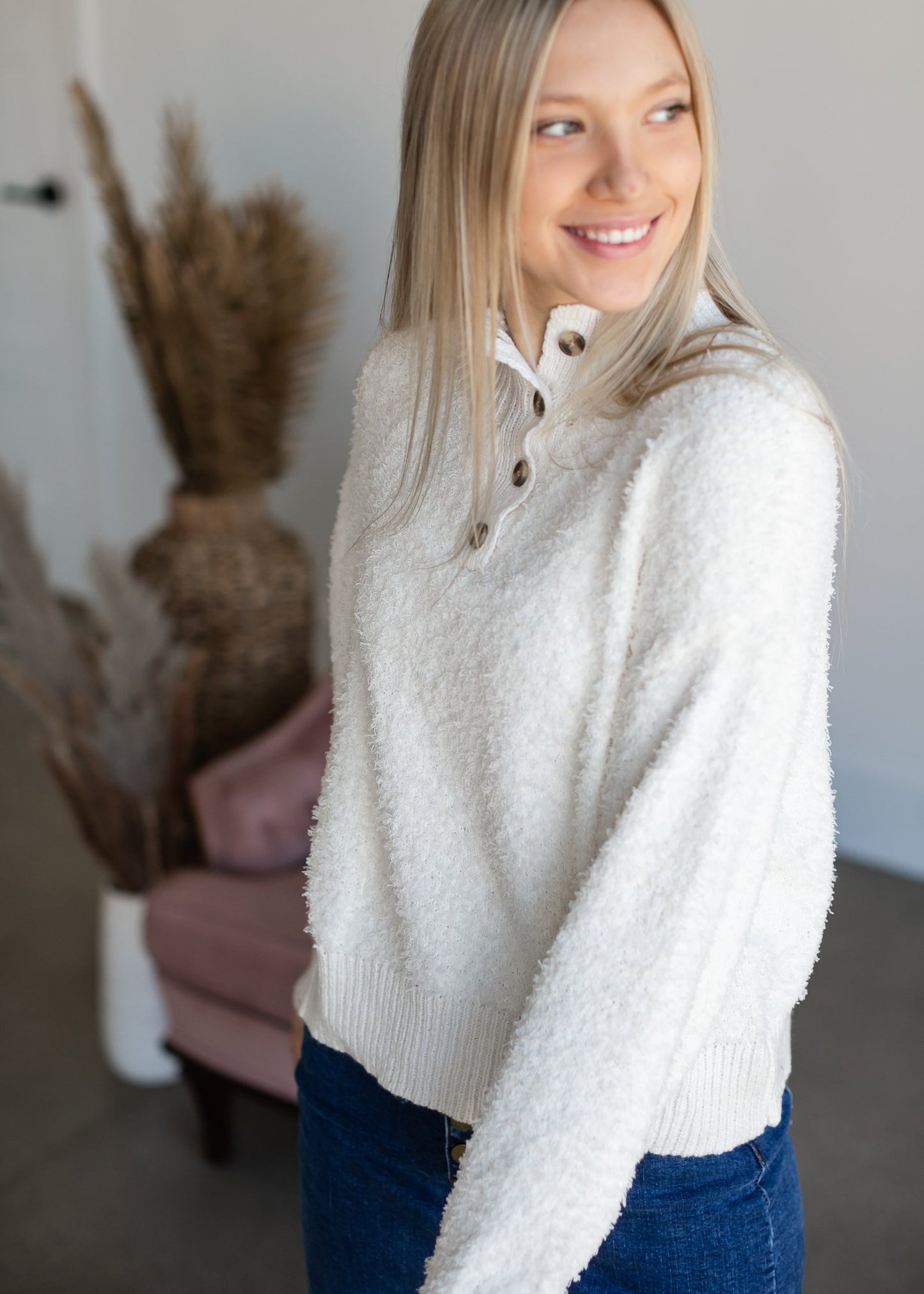 Soft Fuzzy Knit Button Pullover Sweater Tops Trend Notes