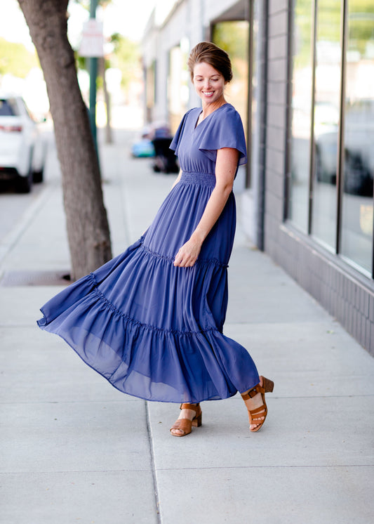 Stonewash Blue Floral Maxi Dress Dresses Mikarose