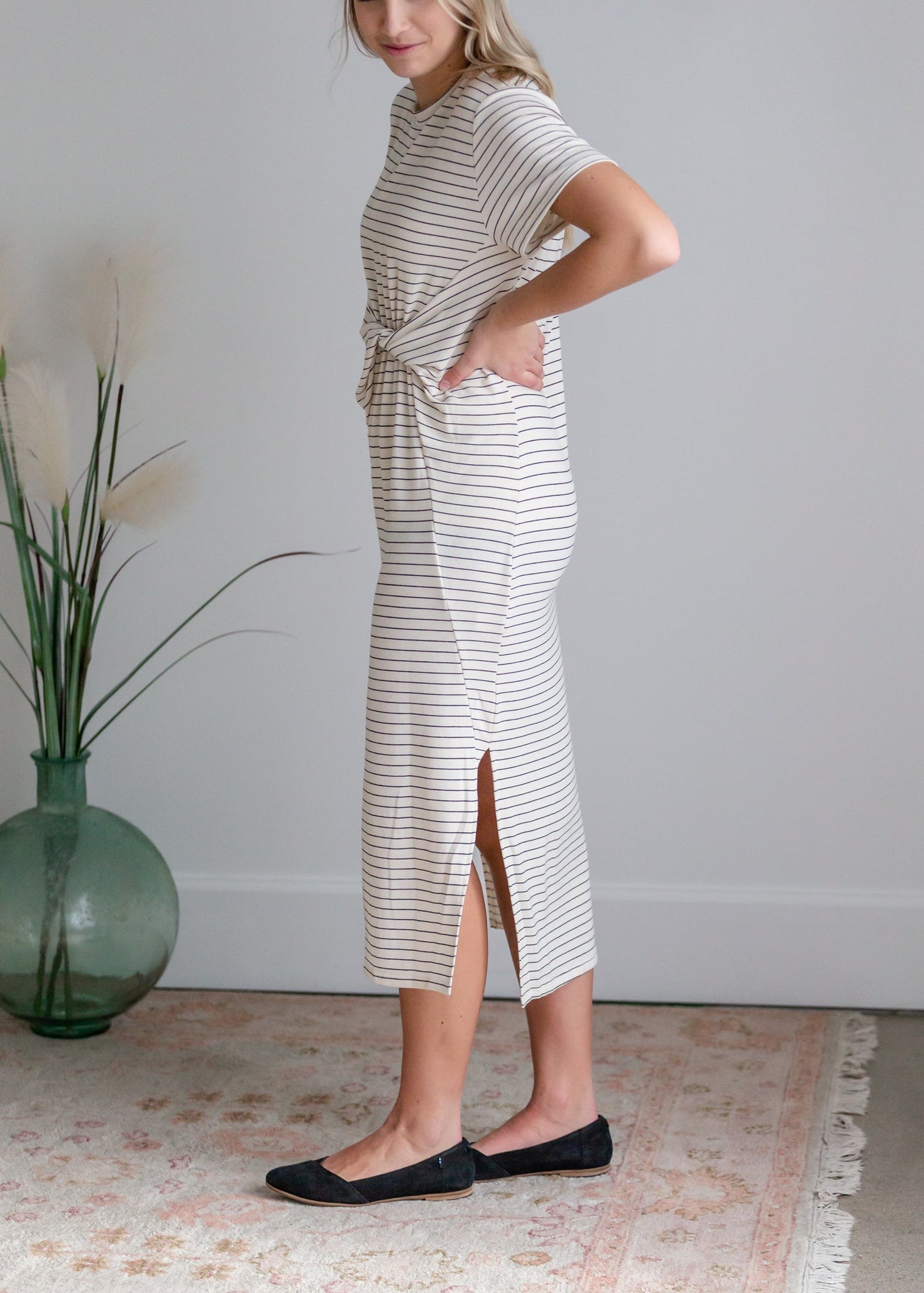 Striped Knotted Front Slit Dress Dresses By Together