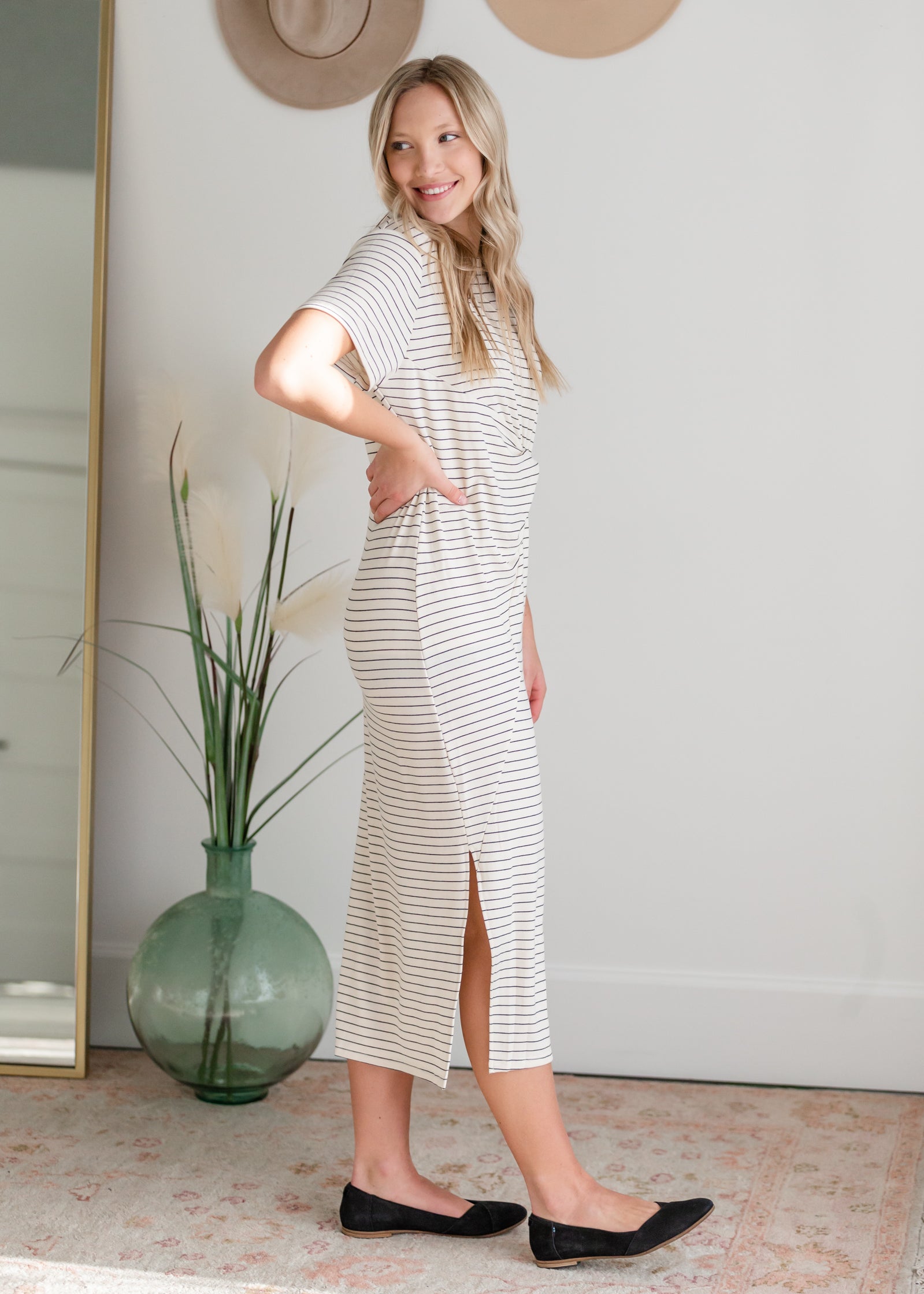 Striped Knotted Front Slit Dress Dresses By Together