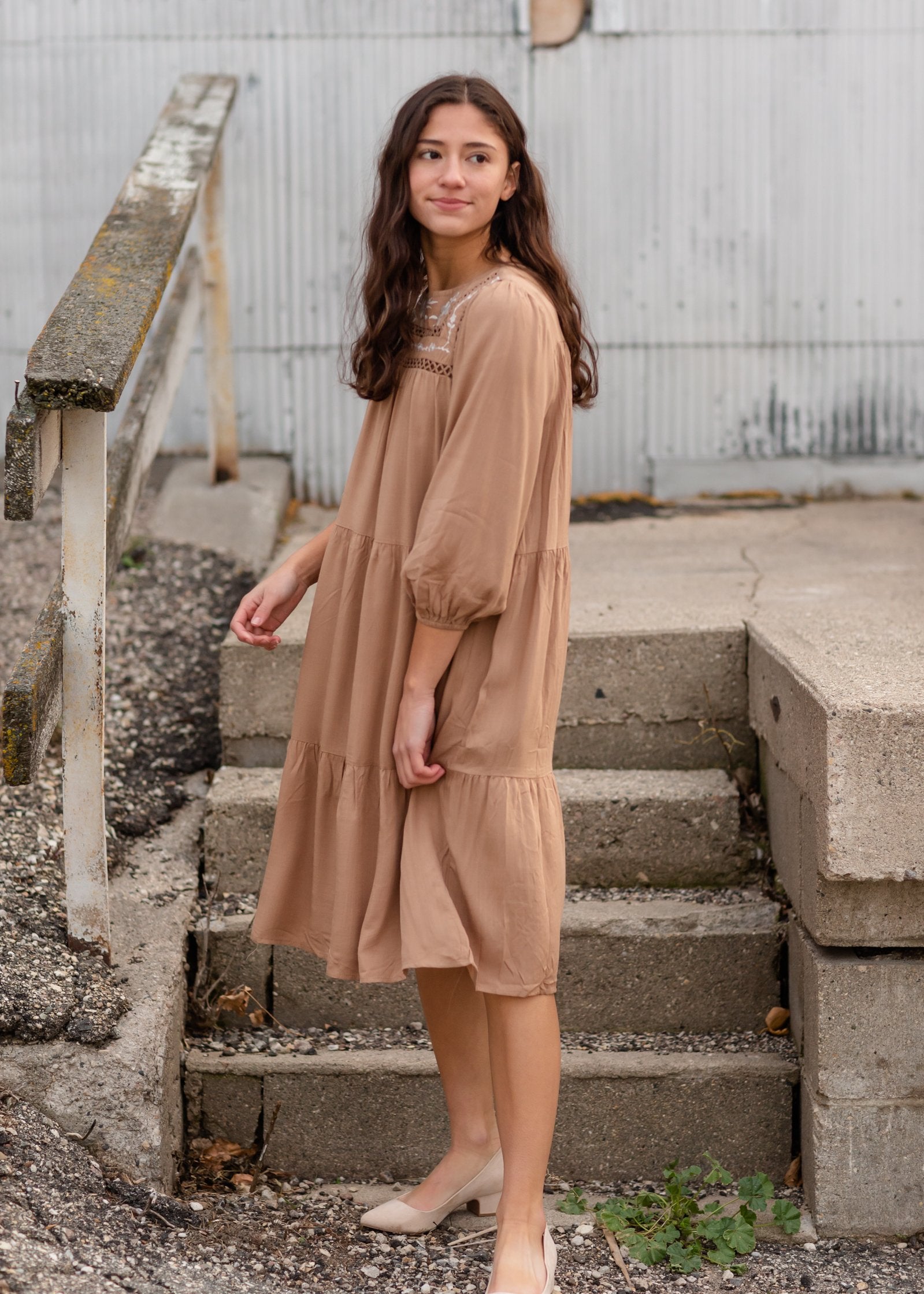 Tan Embroidered Tiered Midi Dress Dresses Polagram + BaeVely