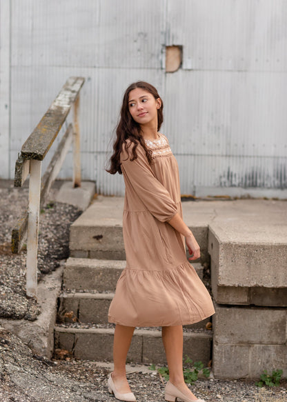 Tan Embroidered Tiered Midi Dress Dresses Polagram + BaeVely