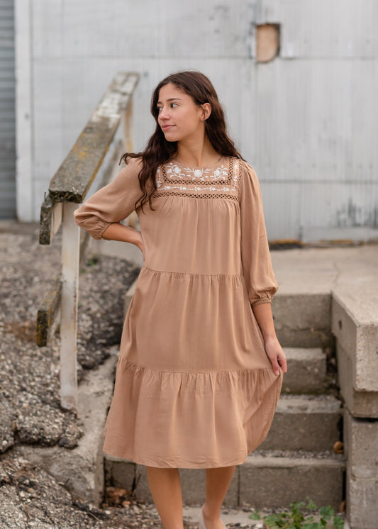 Tan Embroidered Tiered Midi Dress Dresses Polagram + BaeVely