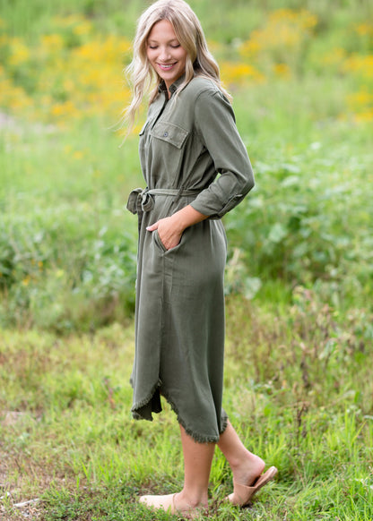 The Bobbie Olive Green Belted Midi Dress Dresses