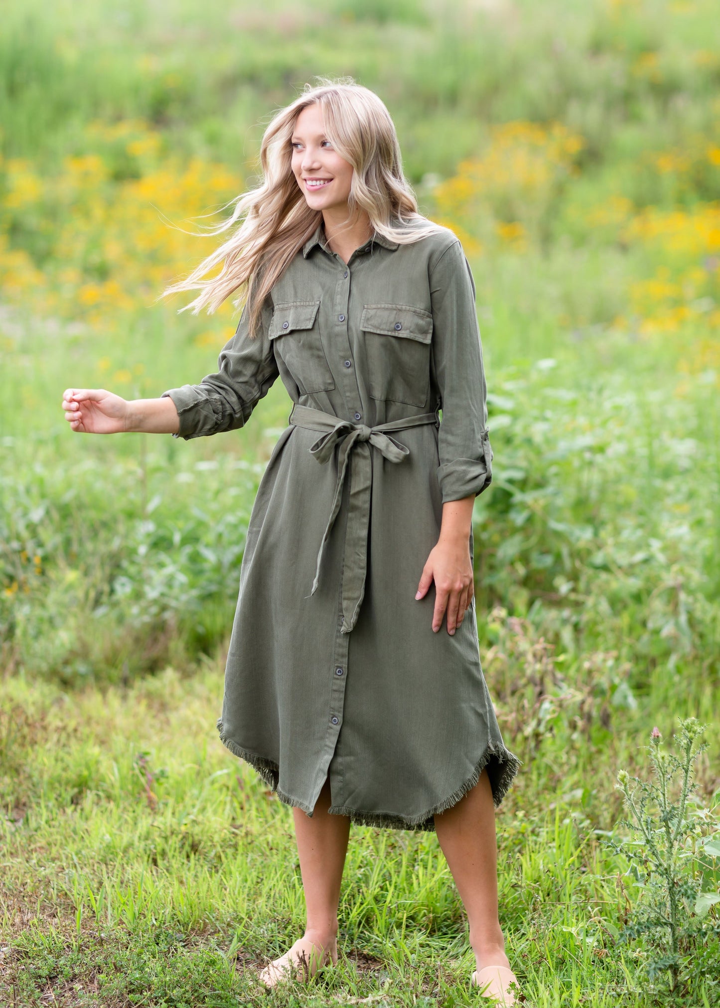 The Bobbie Olive Green Belted Midi Dress Dresses