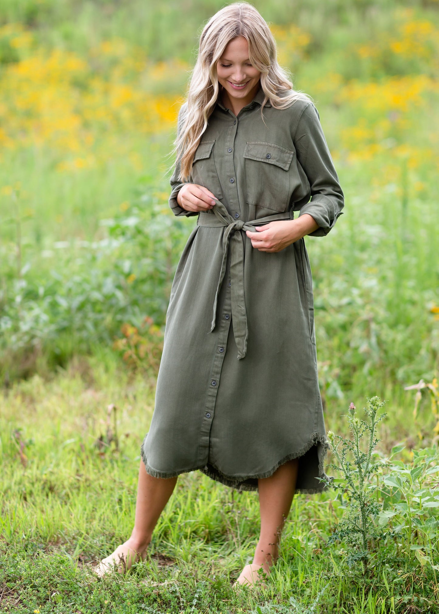 The Bobbie Olive Green Belted Midi Dress Dresses