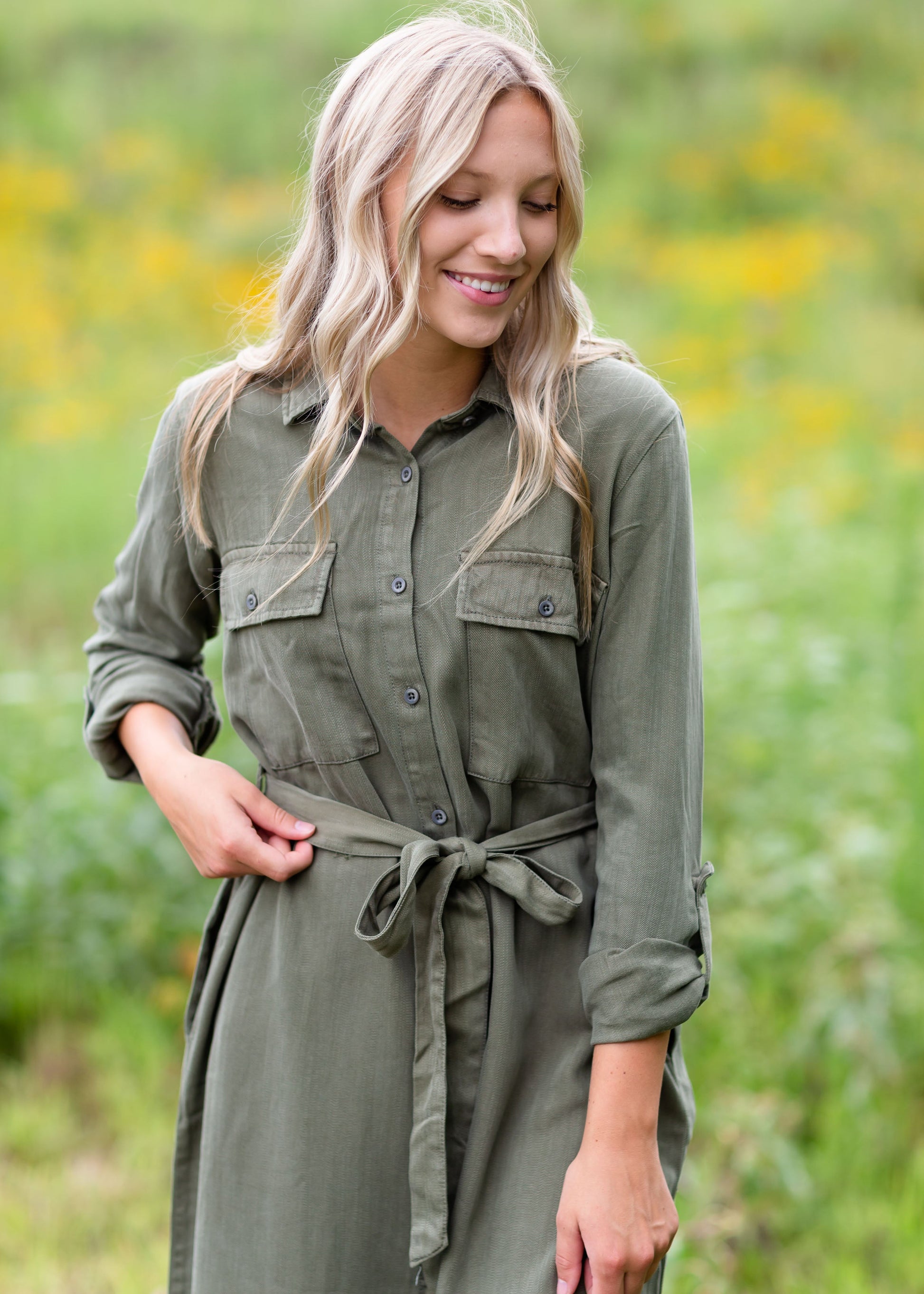 The Bobbie Olive Green Belted Midi Dress Dresses