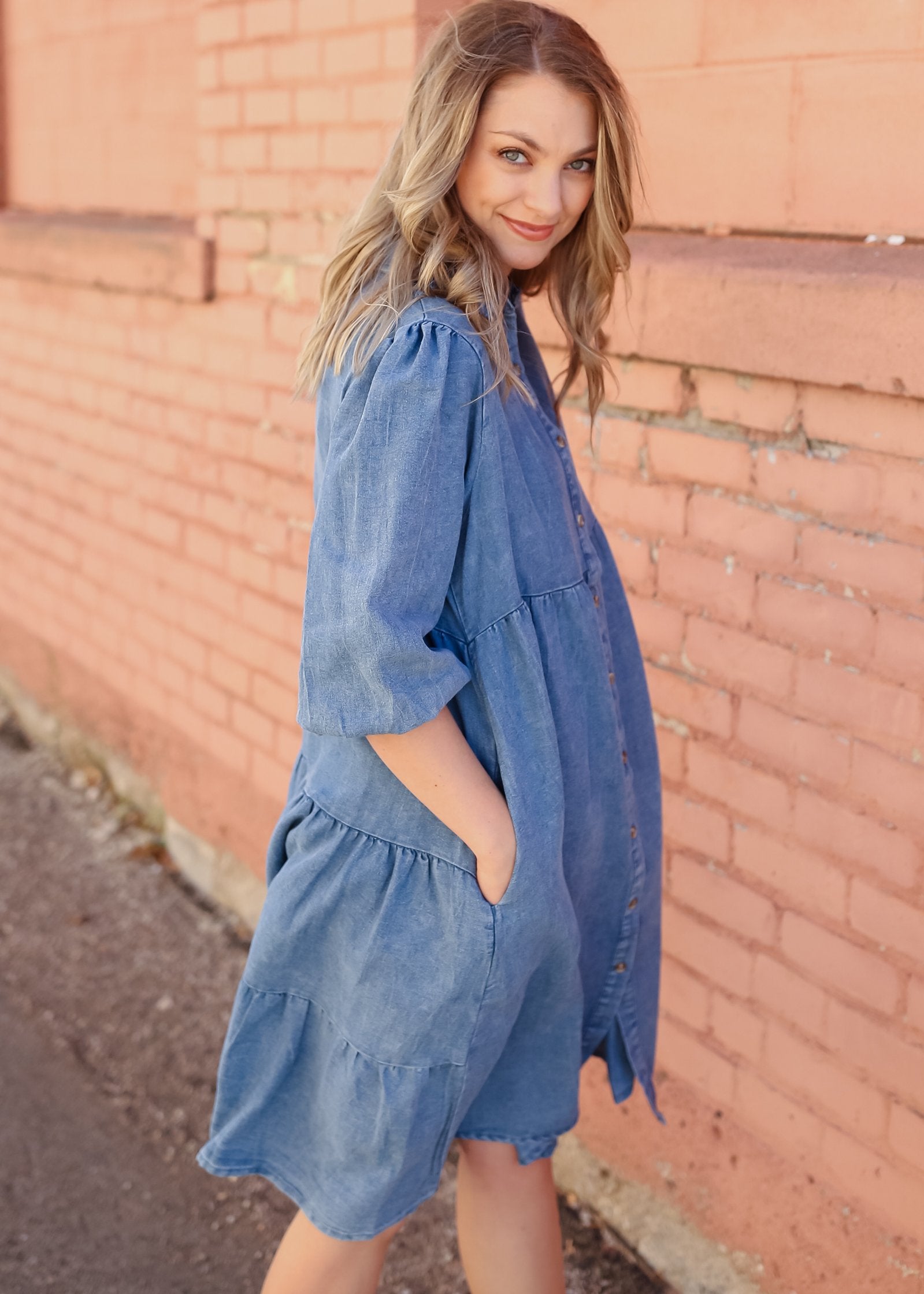 Tiered Button Up Denim Collar Pocket Midi Dress Dresses Polagram