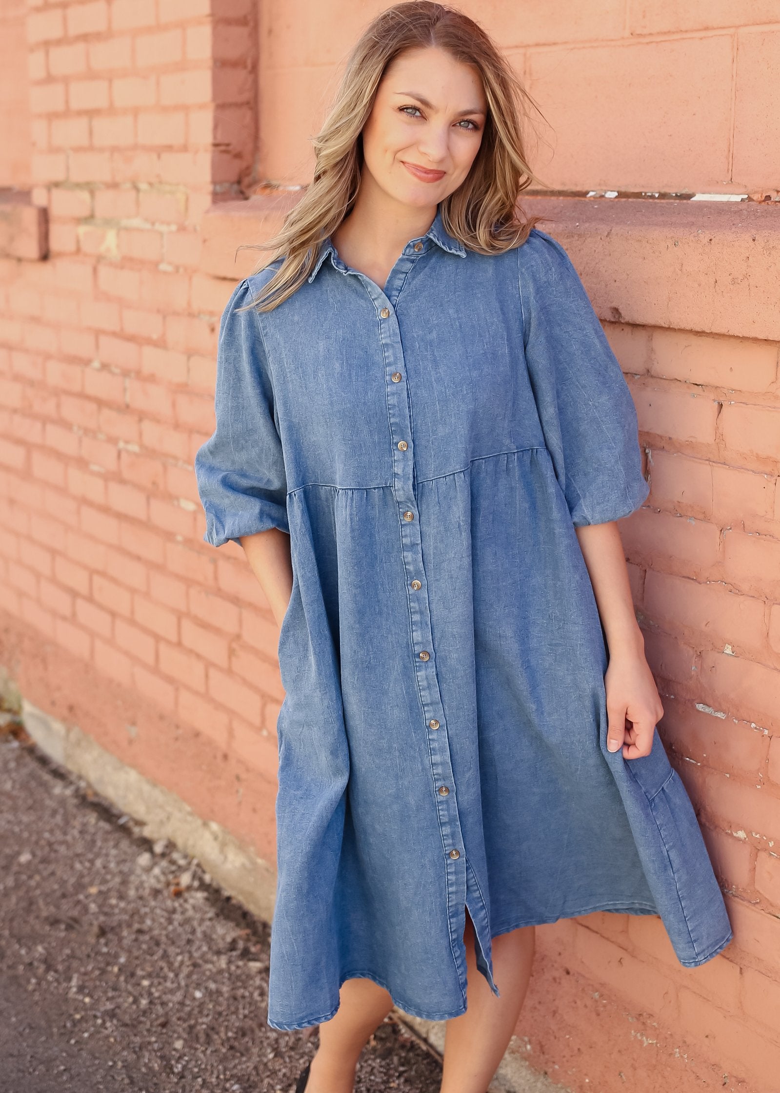 Tiered Button Up Denim Collar Pocket Midi Dress Dresses Polagram