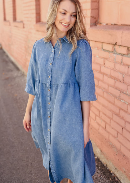 Tiered Button Up Denim Collar Pocket Midi Dress Dresses Polagram