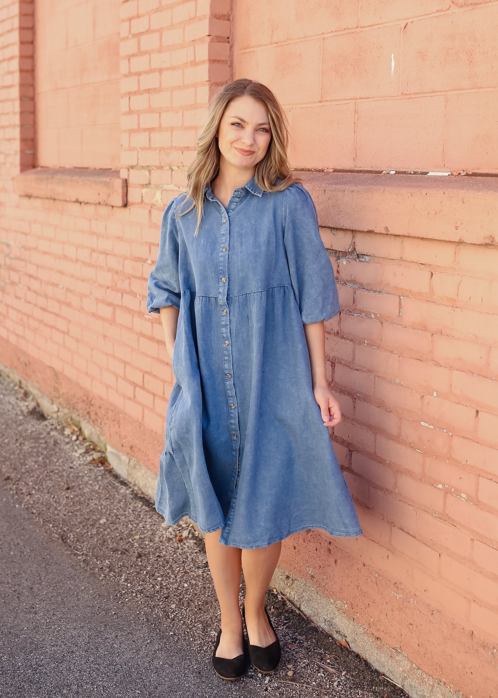 Tiered Button Up Denim Collar Pocket Midi Dress Dresses Polagram