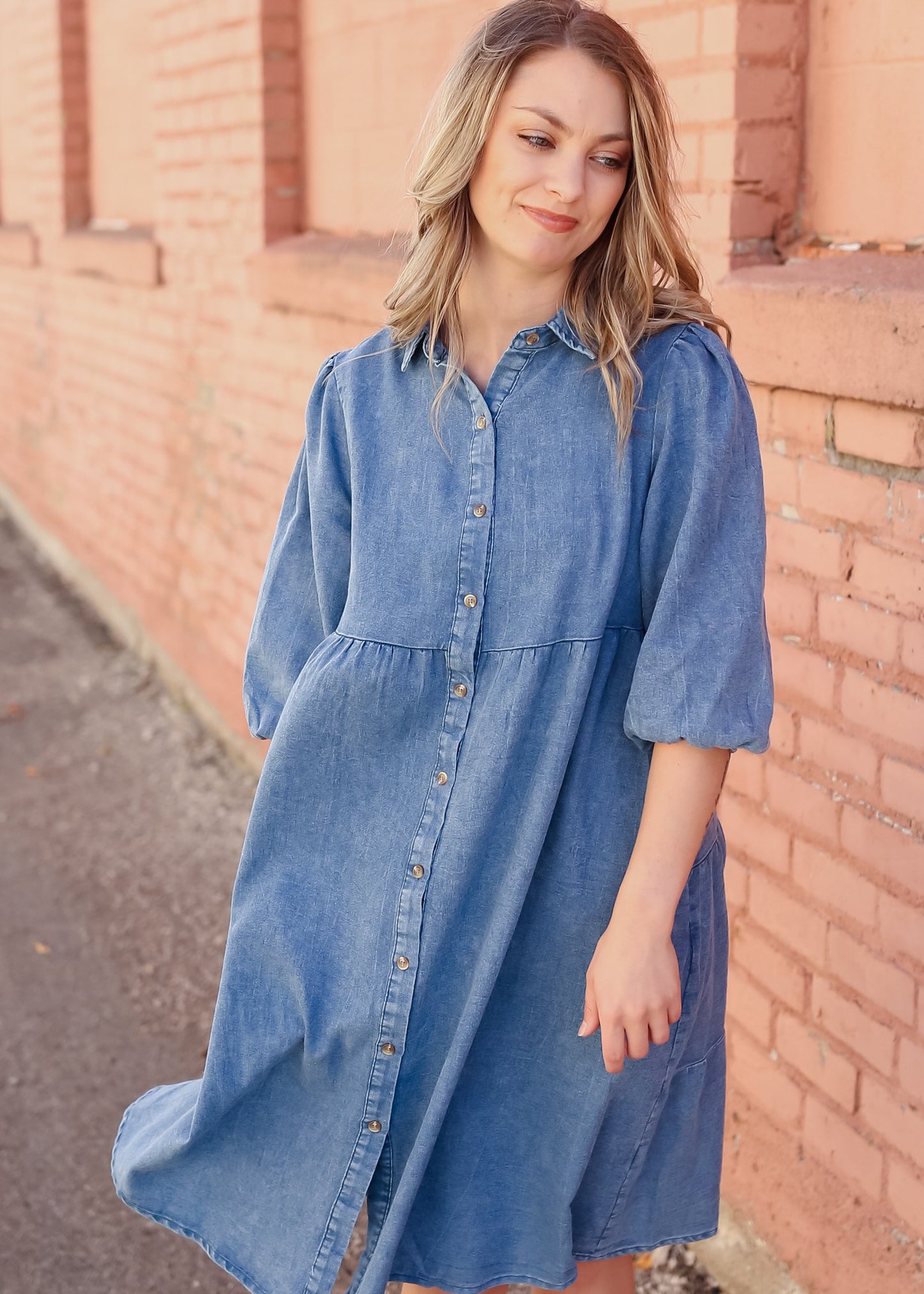 Tiered Button Up Denim Collar Pocket Midi Dress Dresses Polagram