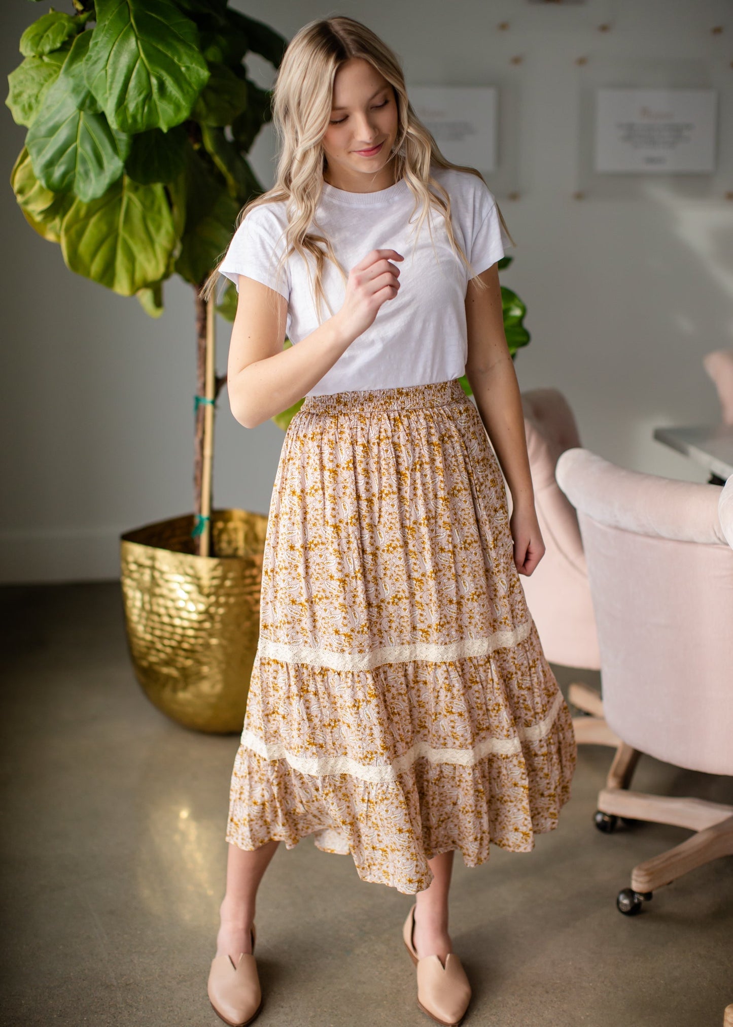 Tiered Midi Skirt with Smocked Waist Skirts Polagram