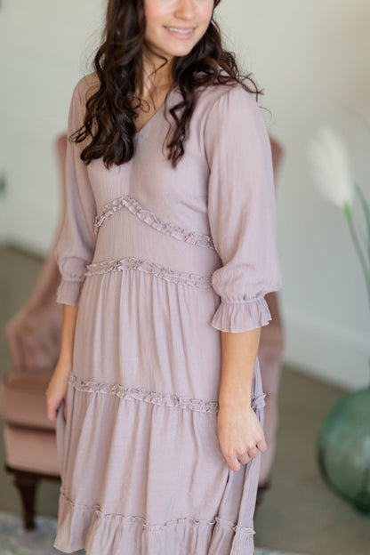 Tiered Ruffle Pink Midi Dress Dresses Mikarose