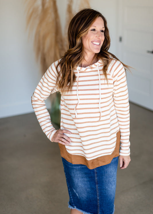 Toffee Striped Drawstring Hoodie Tops Doe & Rae