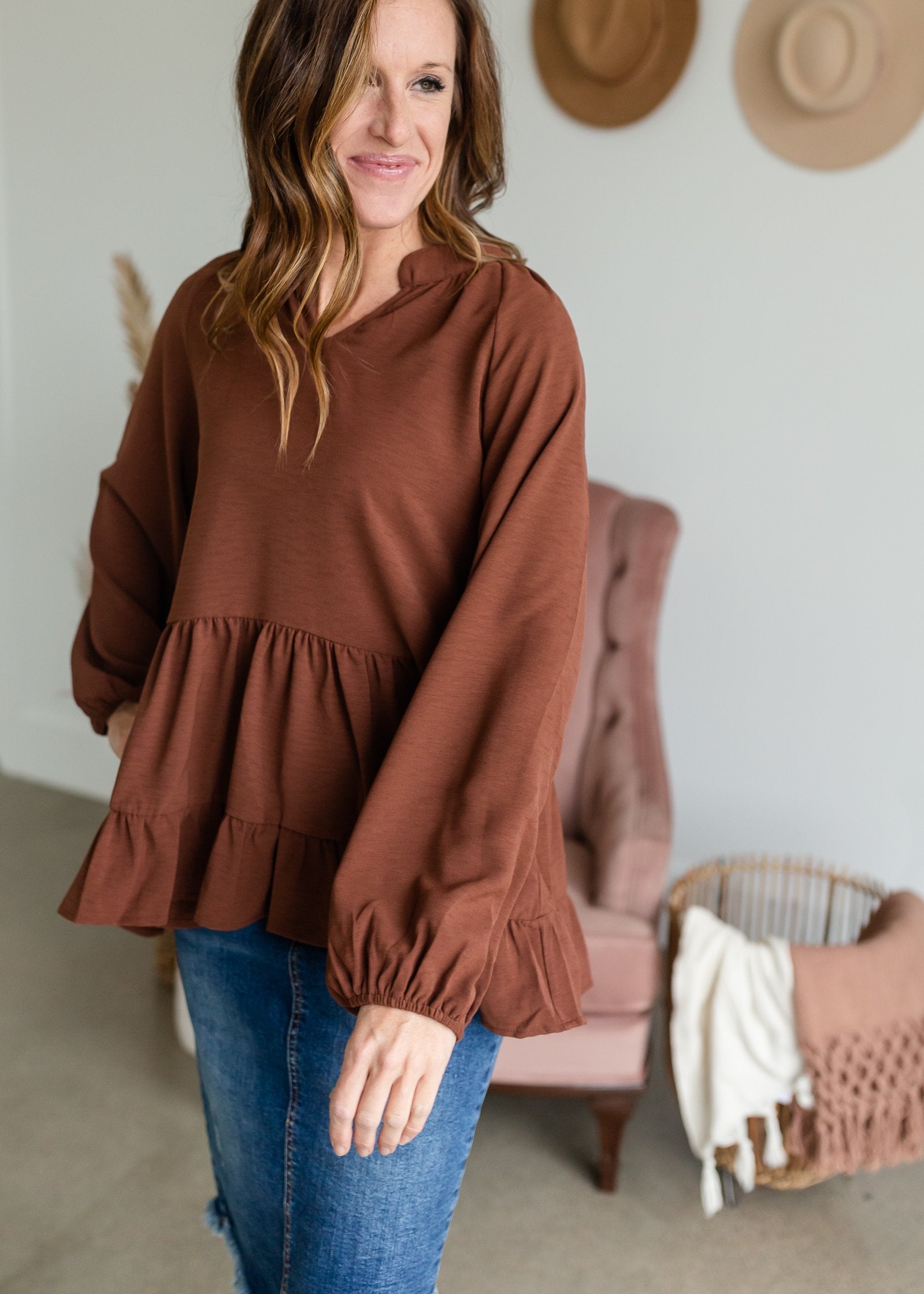 V-Neck Balloon Long Sleeve Tiered Top Tops Entro