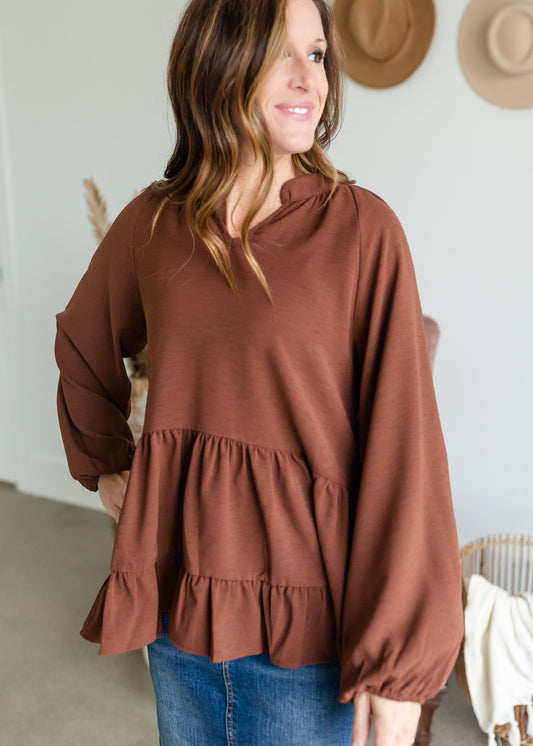 V-Neck Balloon Long Sleeve Tiered Top Tops Entro