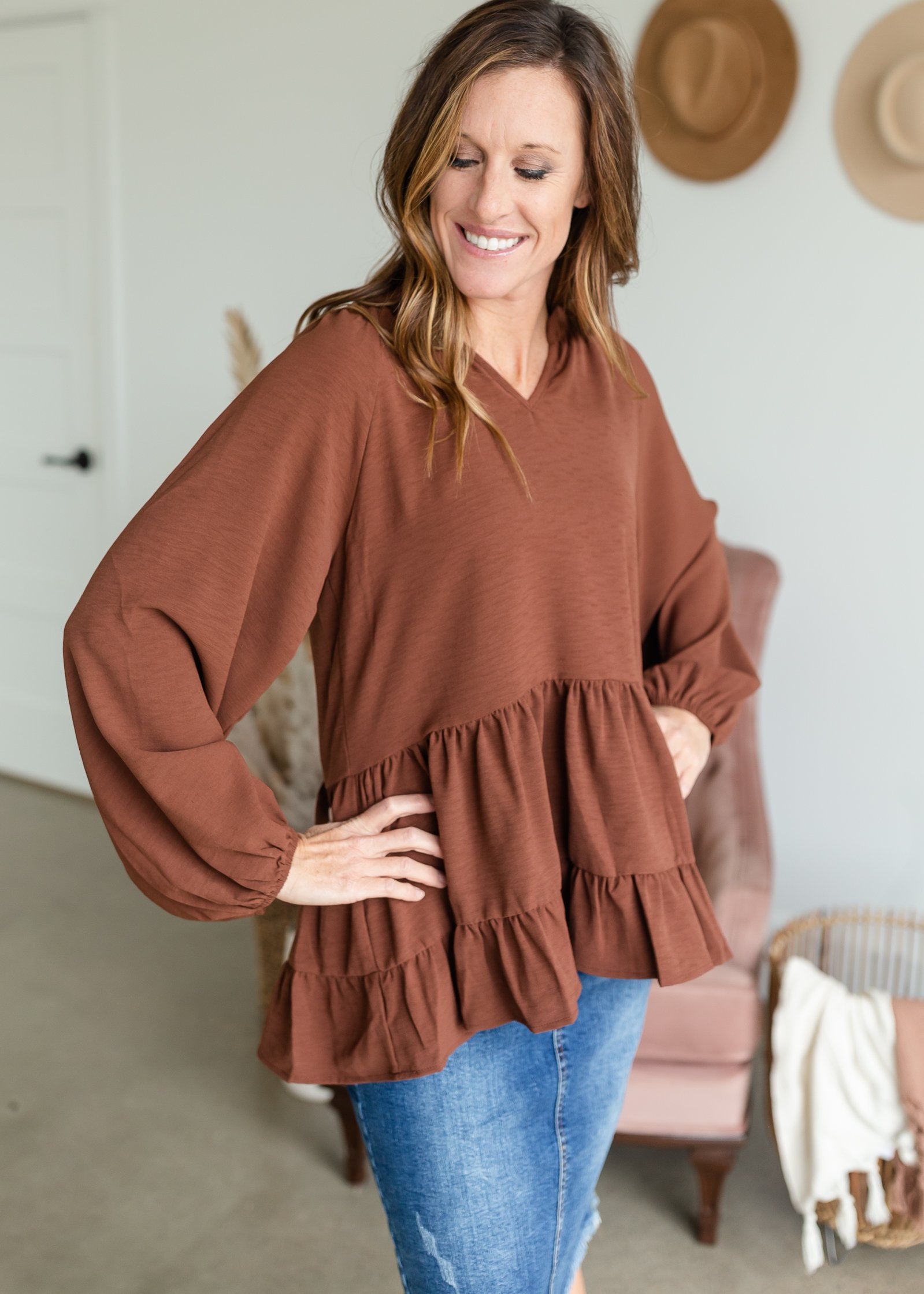 V-Neck Balloon Long Sleeve Tiered Top Tops Entro