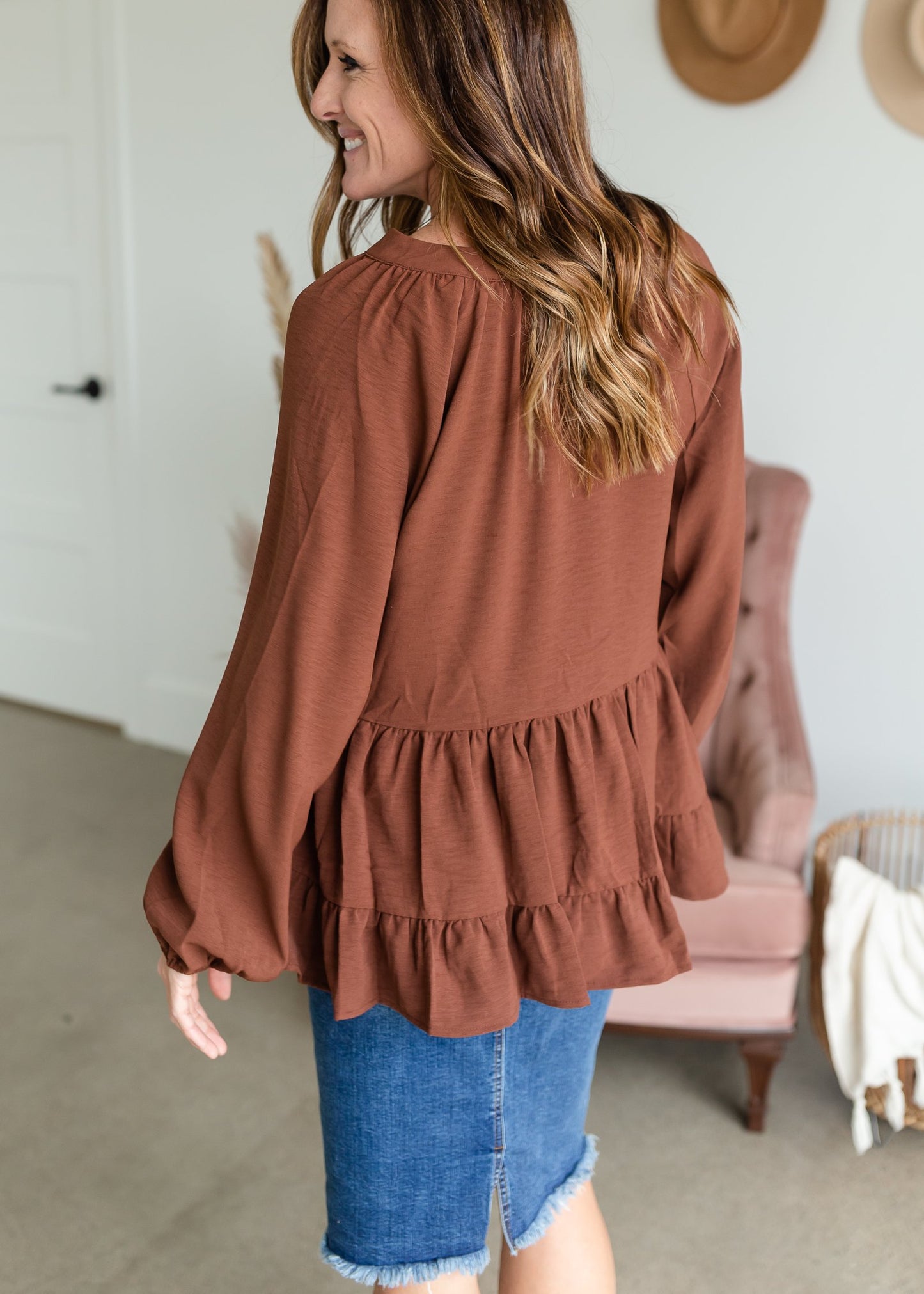 V-Neck Balloon Long Sleeve Tiered Top Tops Entro