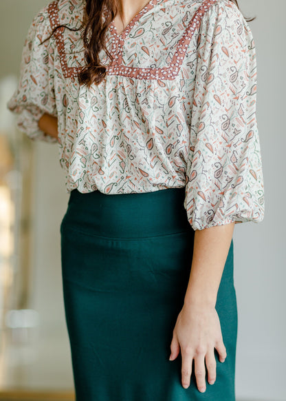 V-Neck Puff Sleeve Paisley Top Tops Polagram