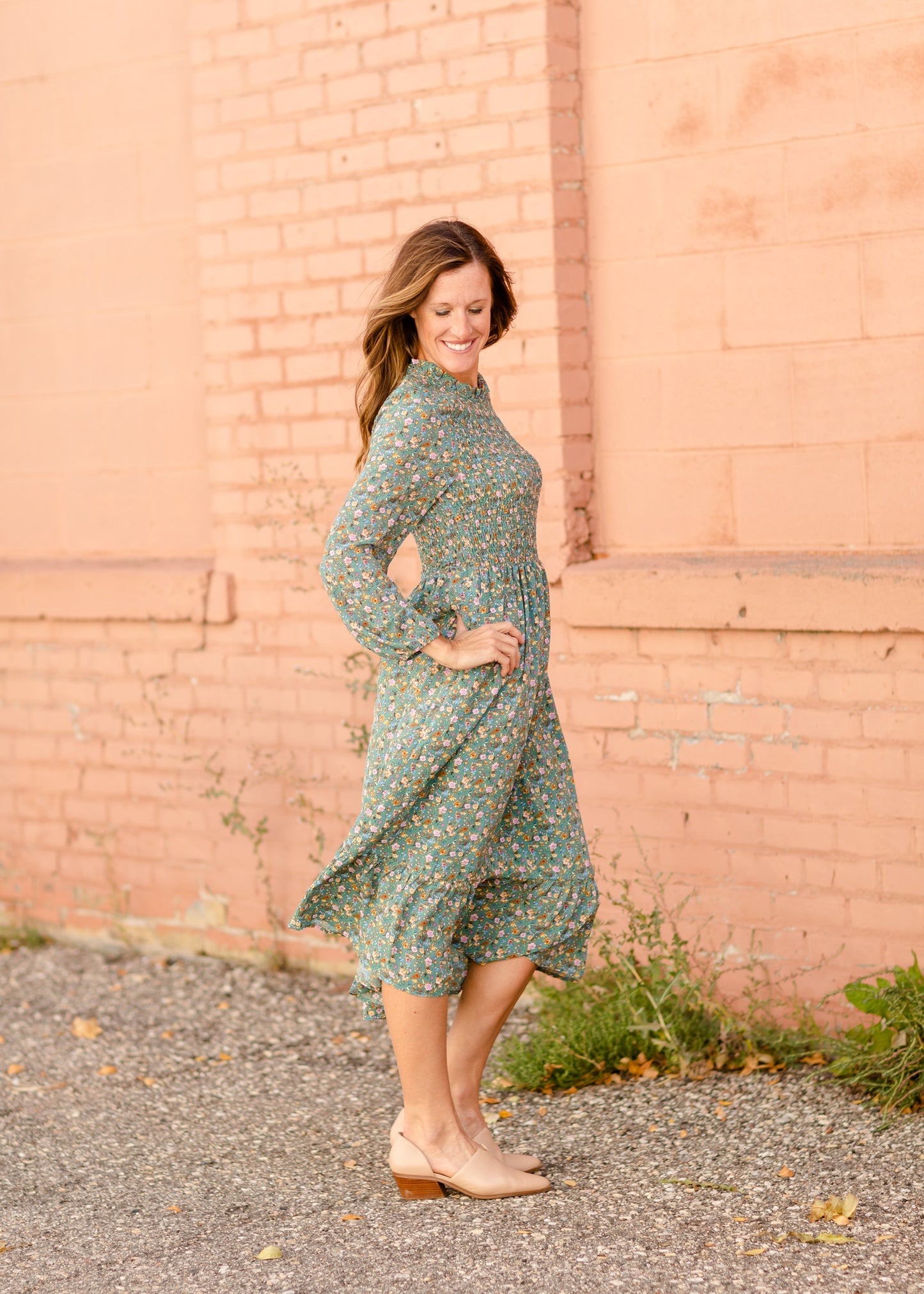 Vintage Long Sleeve Smocked Top Midi Dress Dresses