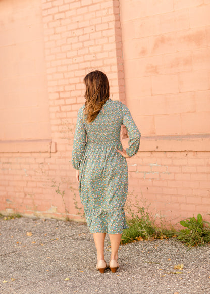 Vintage Long Sleeve Smocked Top Midi Dress Dresses