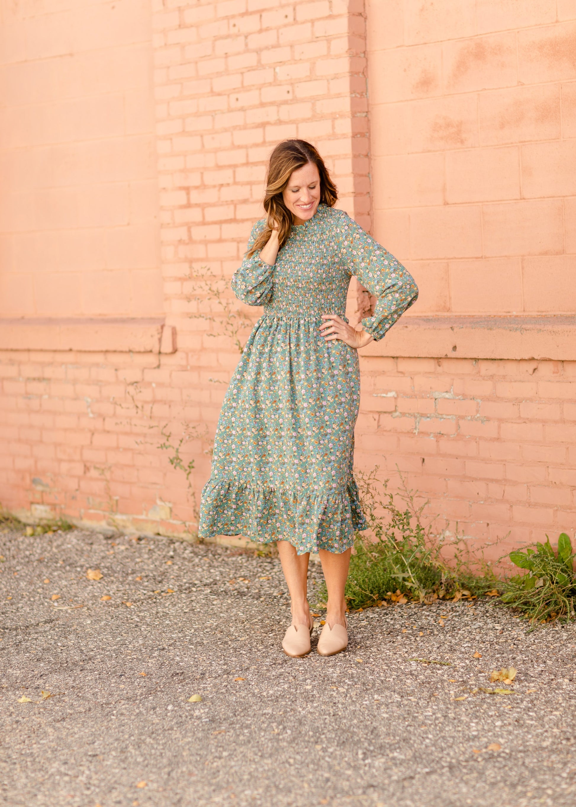 Vintage Long Sleeve Smocked Top Midi Dress Dresses