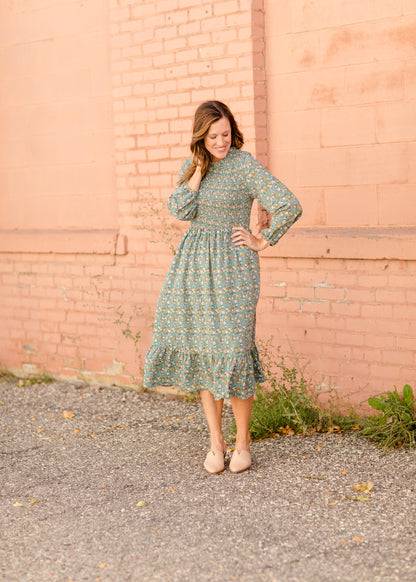 Vintage Long Sleeve Smocked Top Midi Dress Dresses