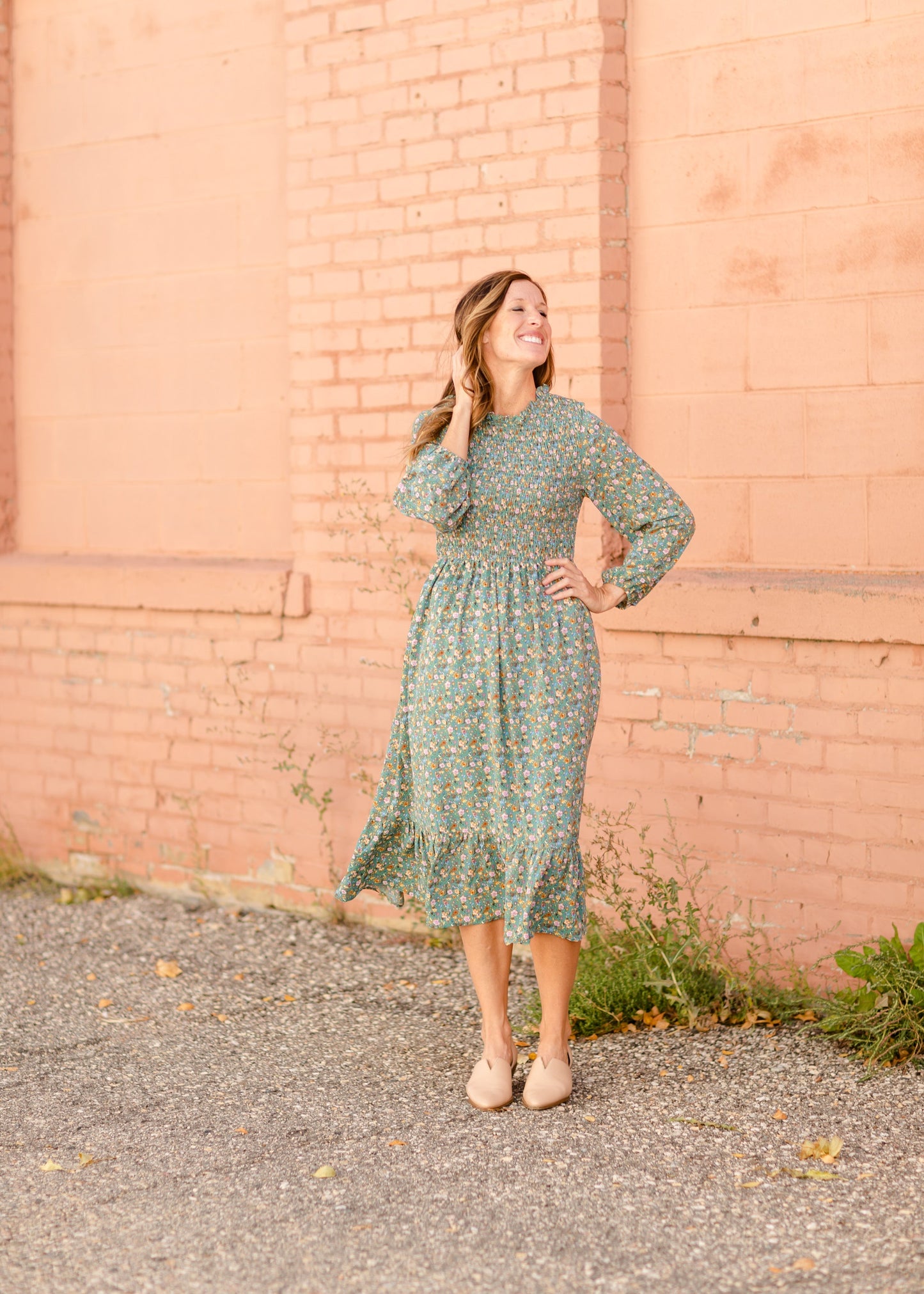 Vintage Long Sleeve Smocked Top Midi Dress Dresses