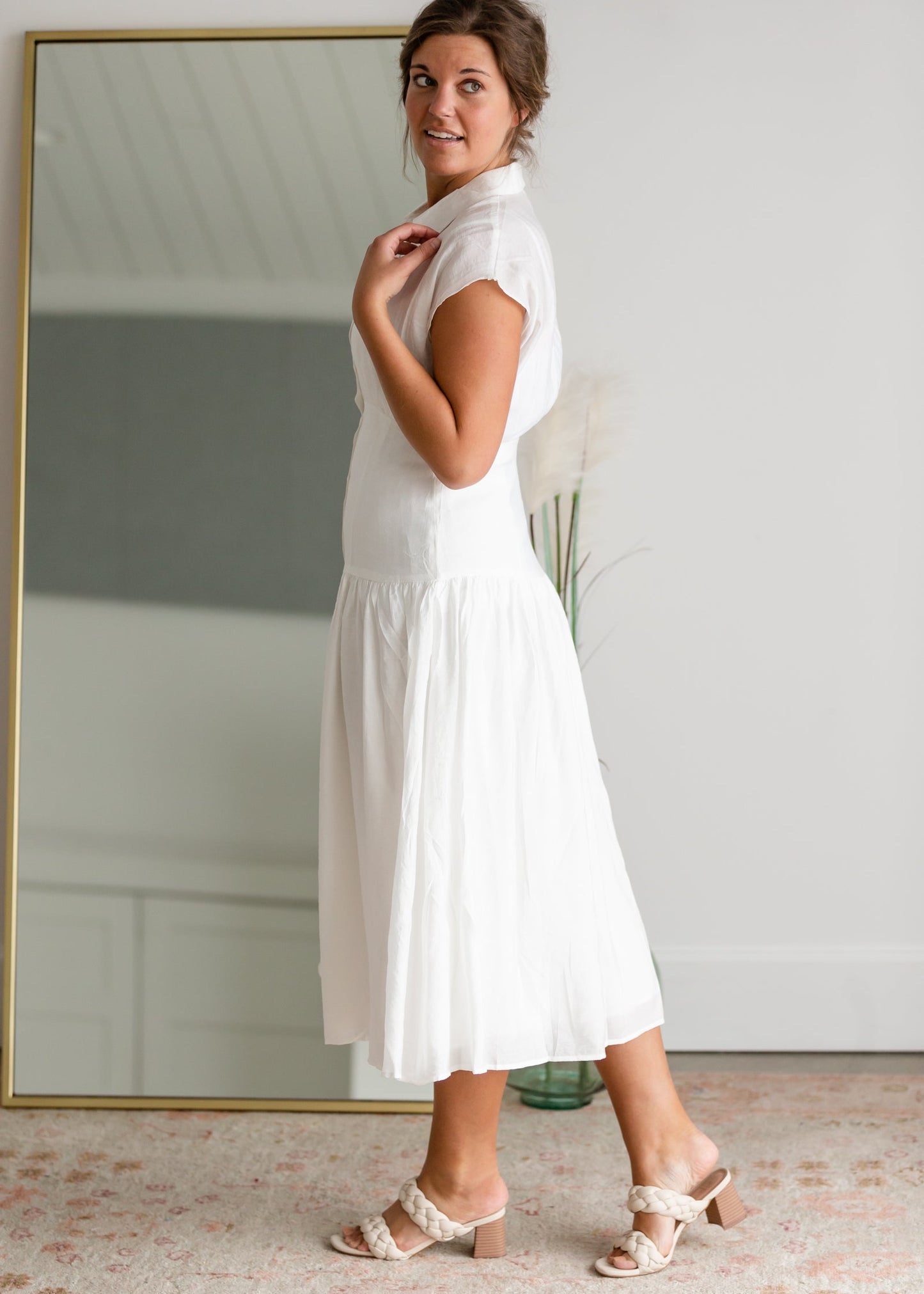 White Button Up Cap Sleeve Midi Dress Dresses Mod Ref