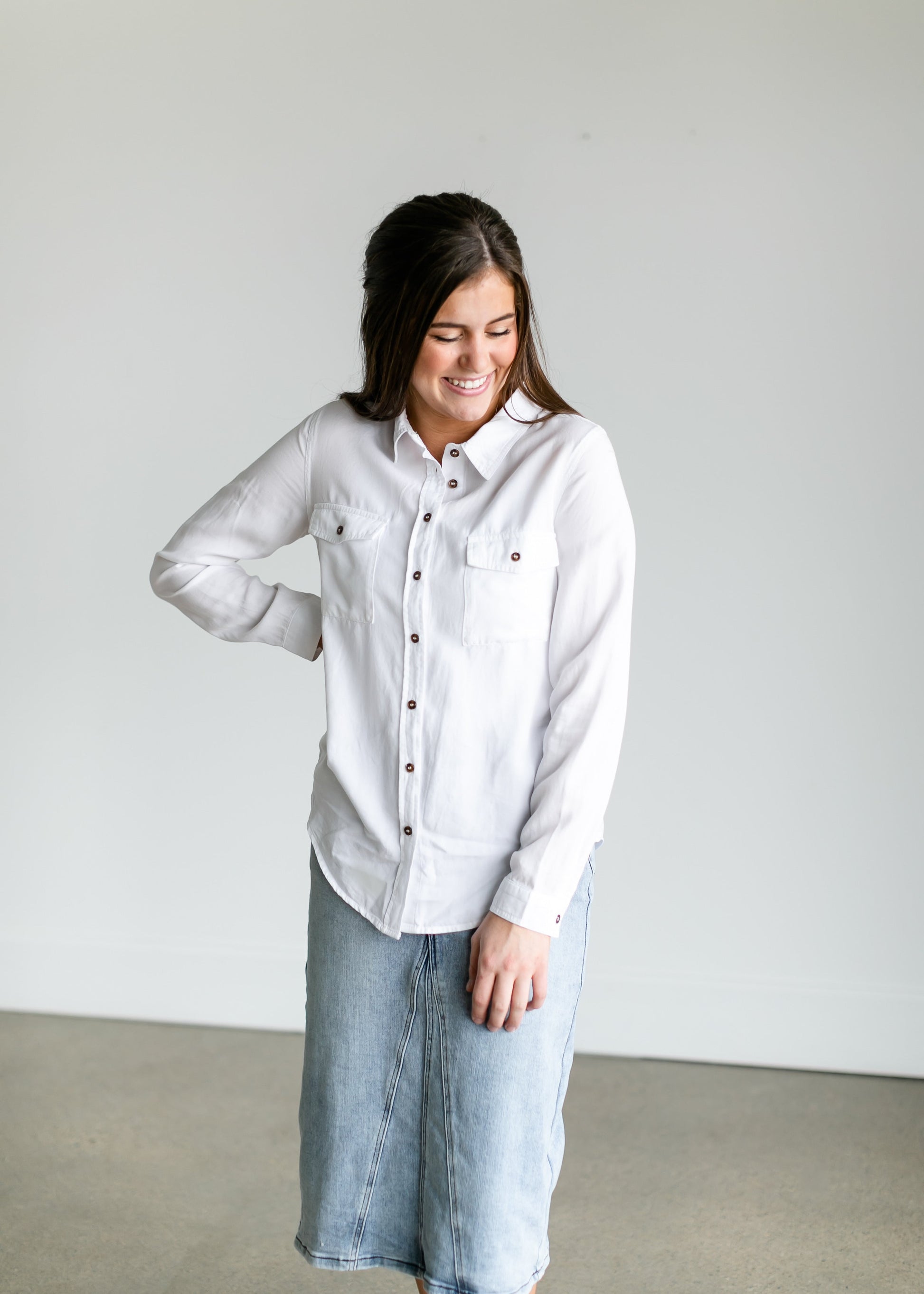 White Chambray Button Down Shirt Tops