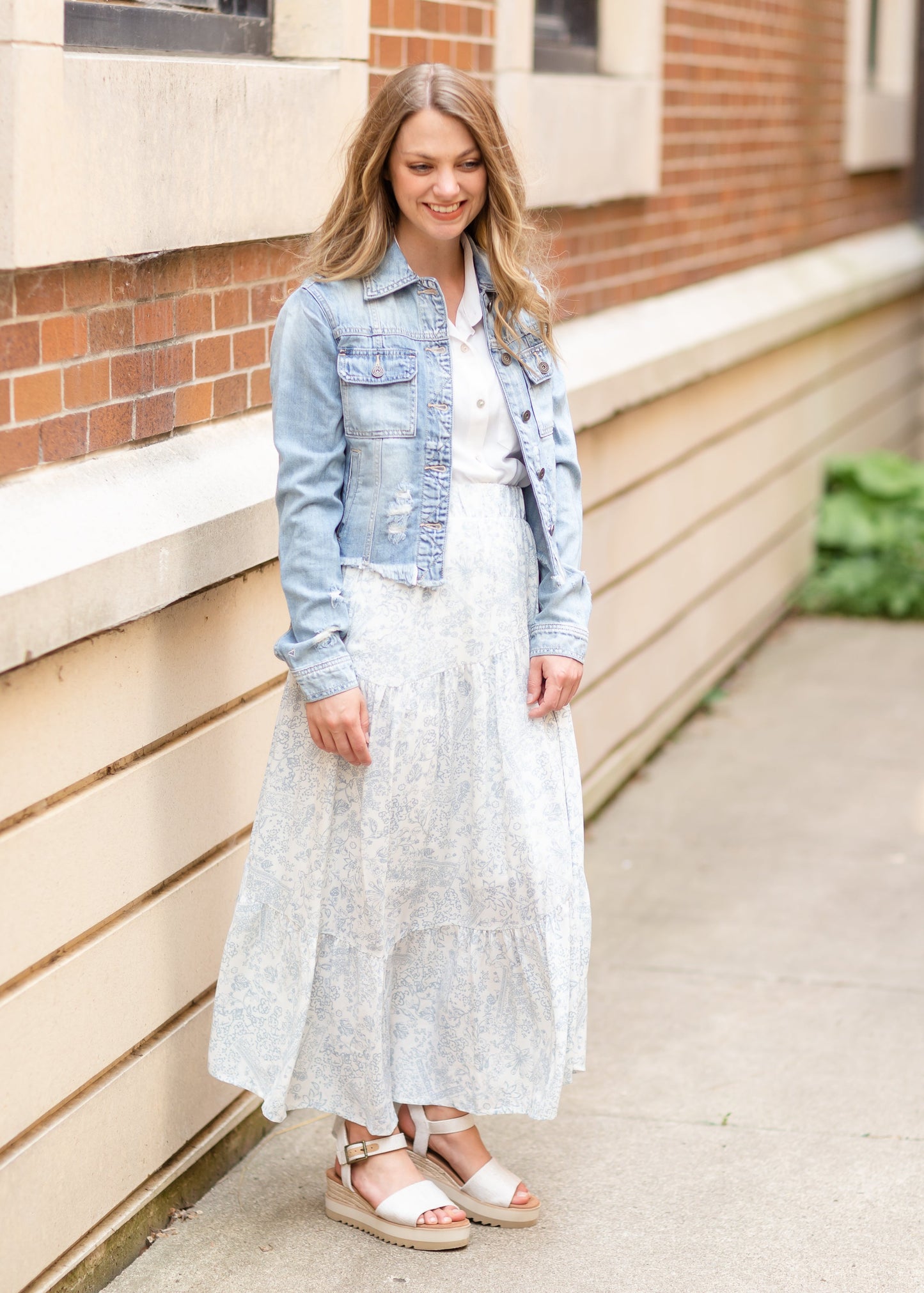 White Floral Midi Skirt with Hem Ruffle Skirts