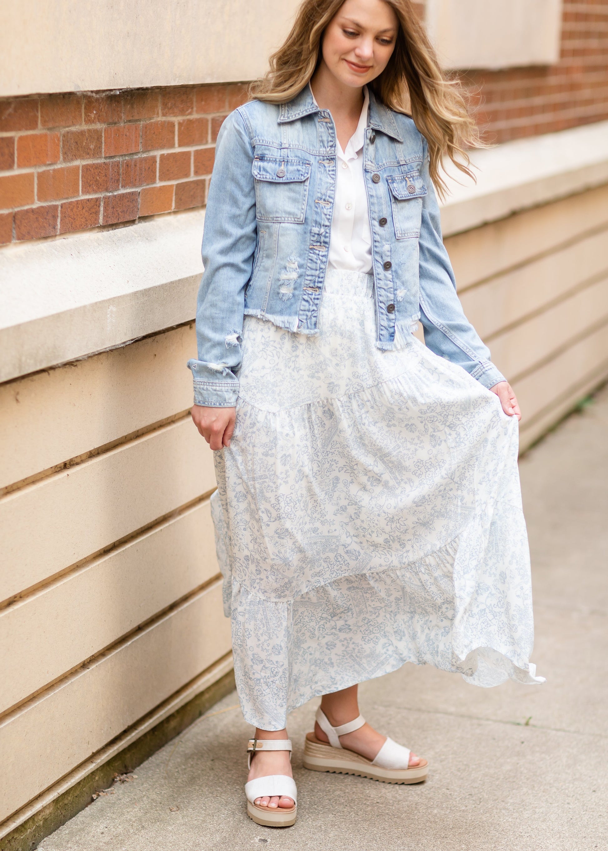 White Floral Midi Skirt with Hem Ruffle Skirts