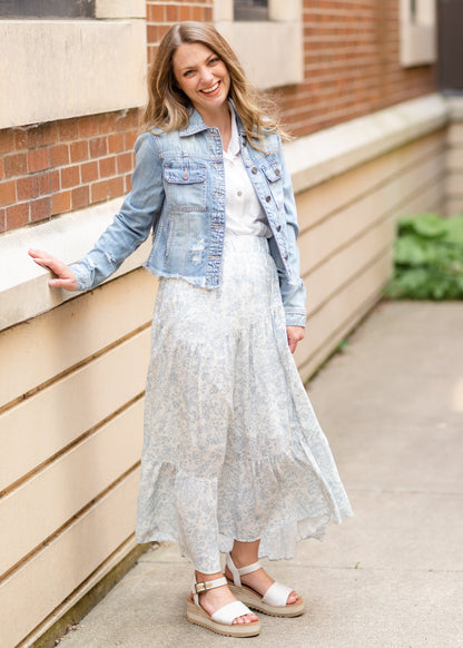 White Floral Midi Skirt with Hem Ruffle Skirts