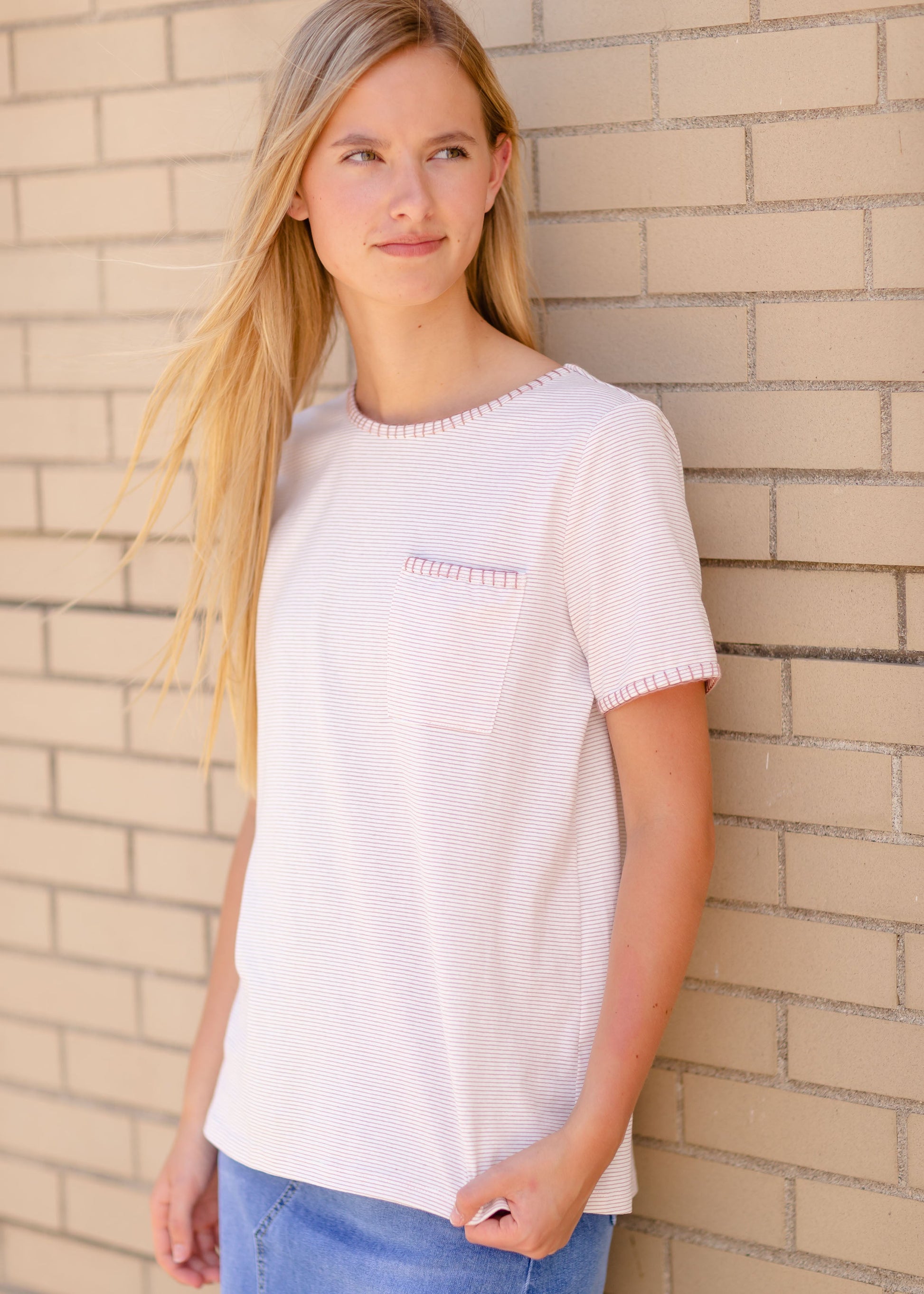 White & Mauve Striped T-Shirt Tops