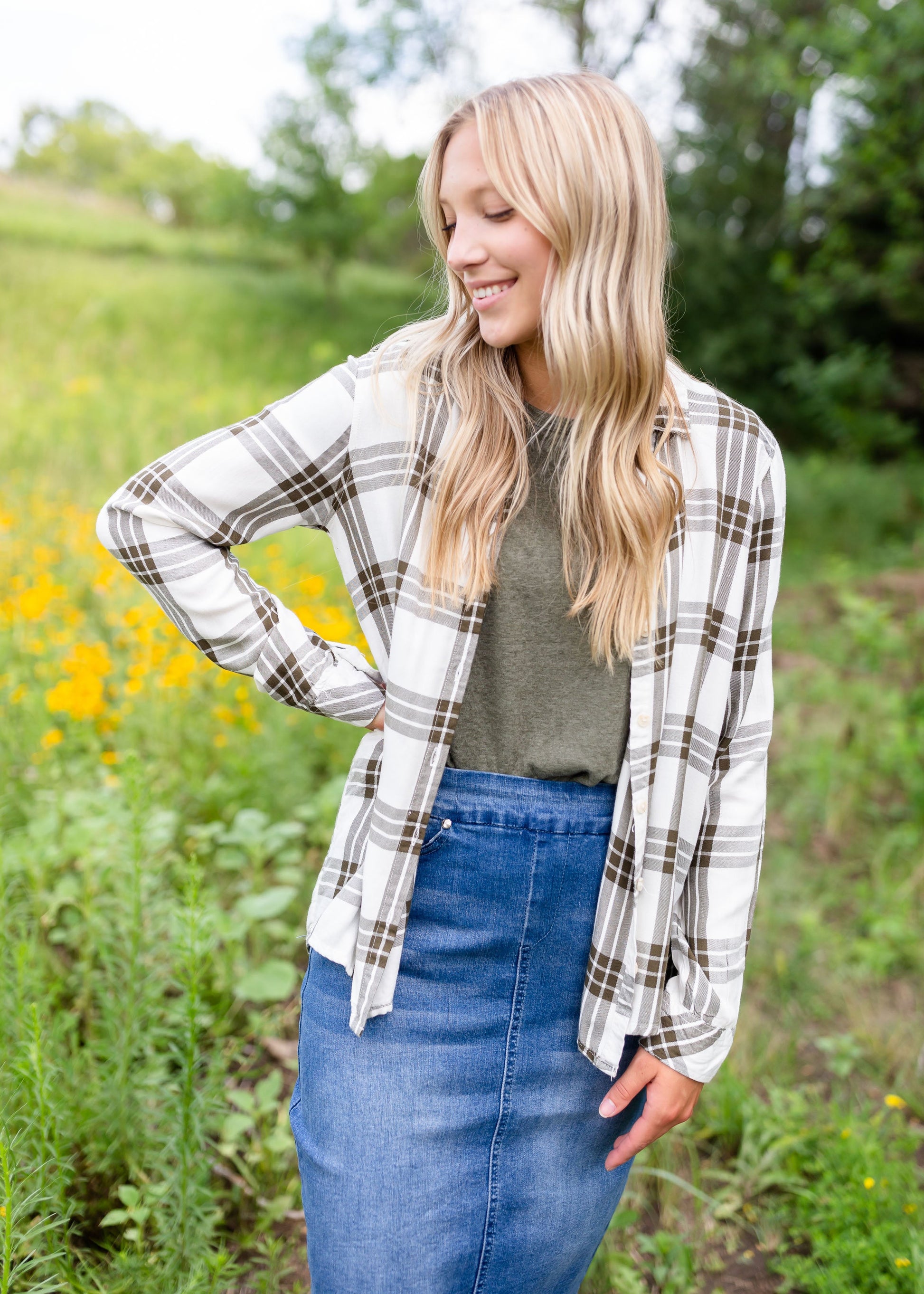 White & Olive Plaid Button Up Top Tops