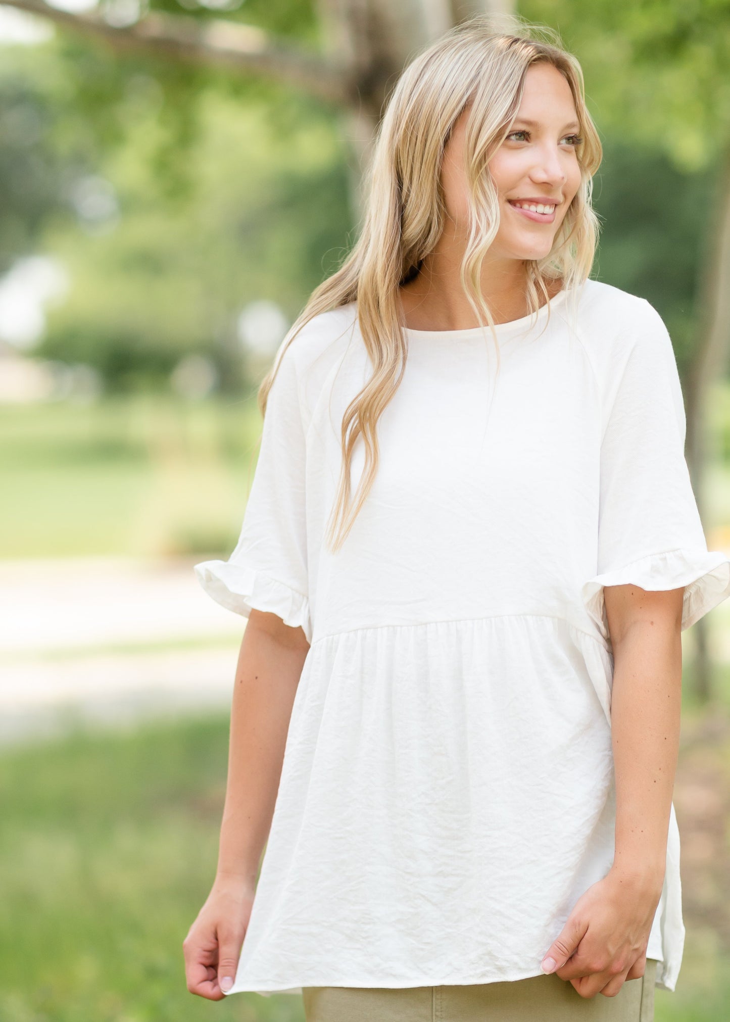 White Ruffle Sleeve Button Up Blouse Tops